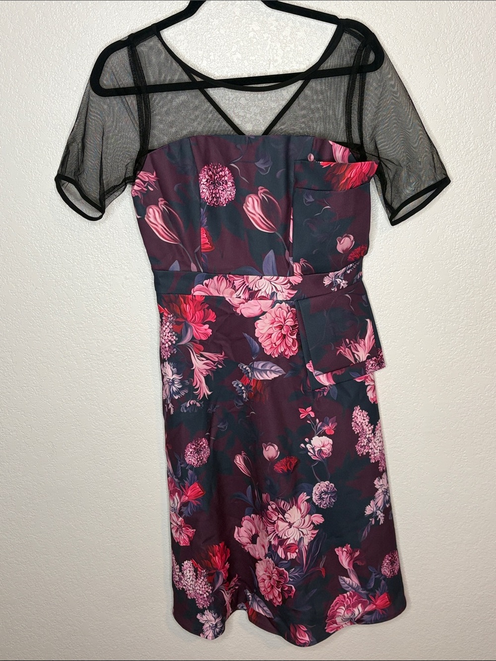 Kay Unger Wine Floral with Black Mesh Sleeves Midi Dress Size 4 Party Evening
